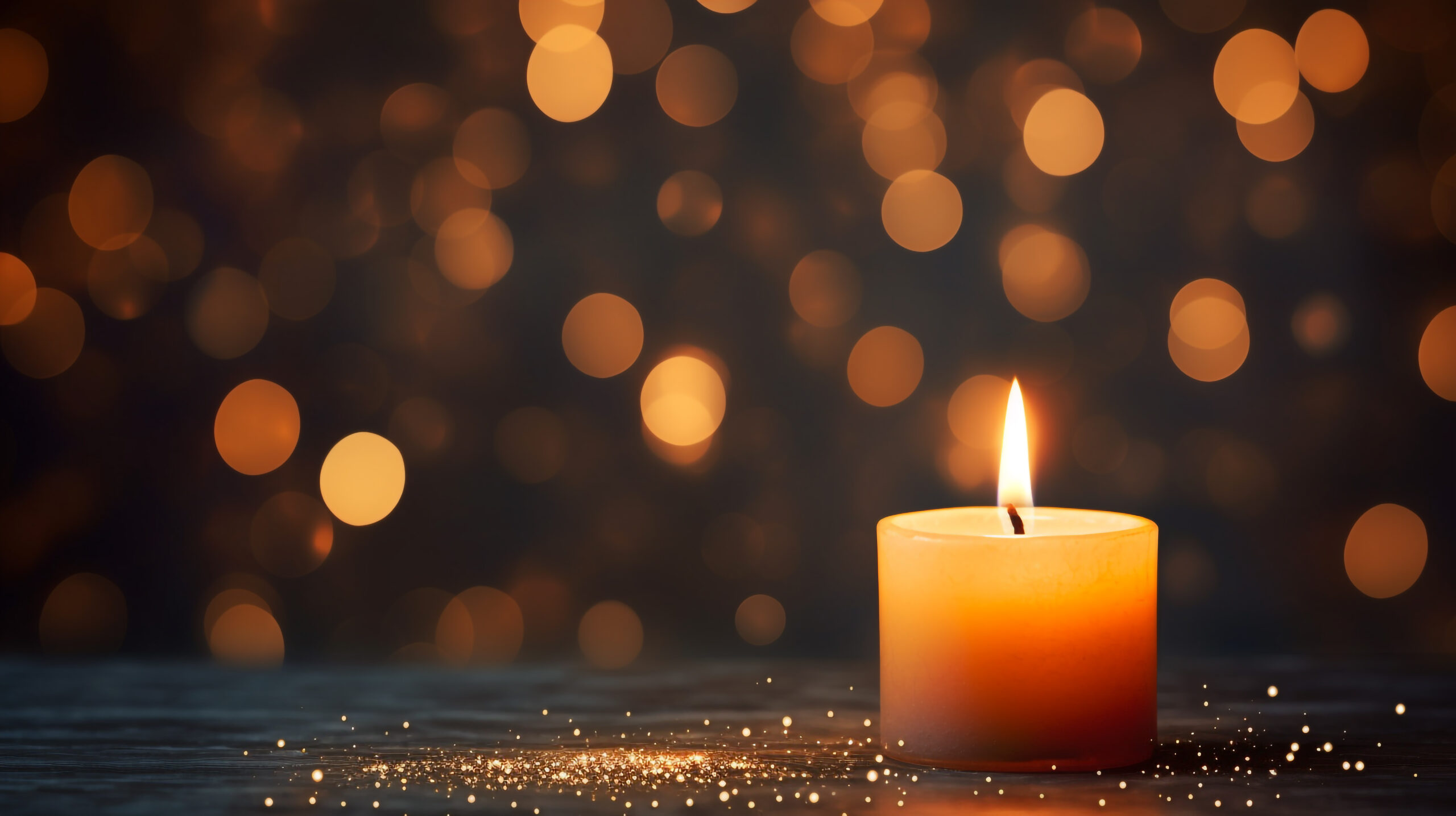 Candle burning on table with sparkle and candle flames in the background